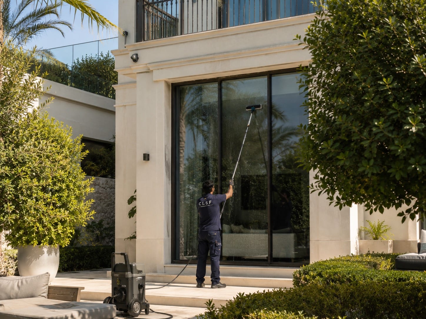 CLSF crew cleaning villa facade windows